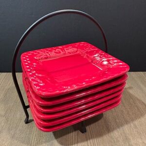 Plates: ceramic: Red Square 6” Set of Red Plates with Caddy
